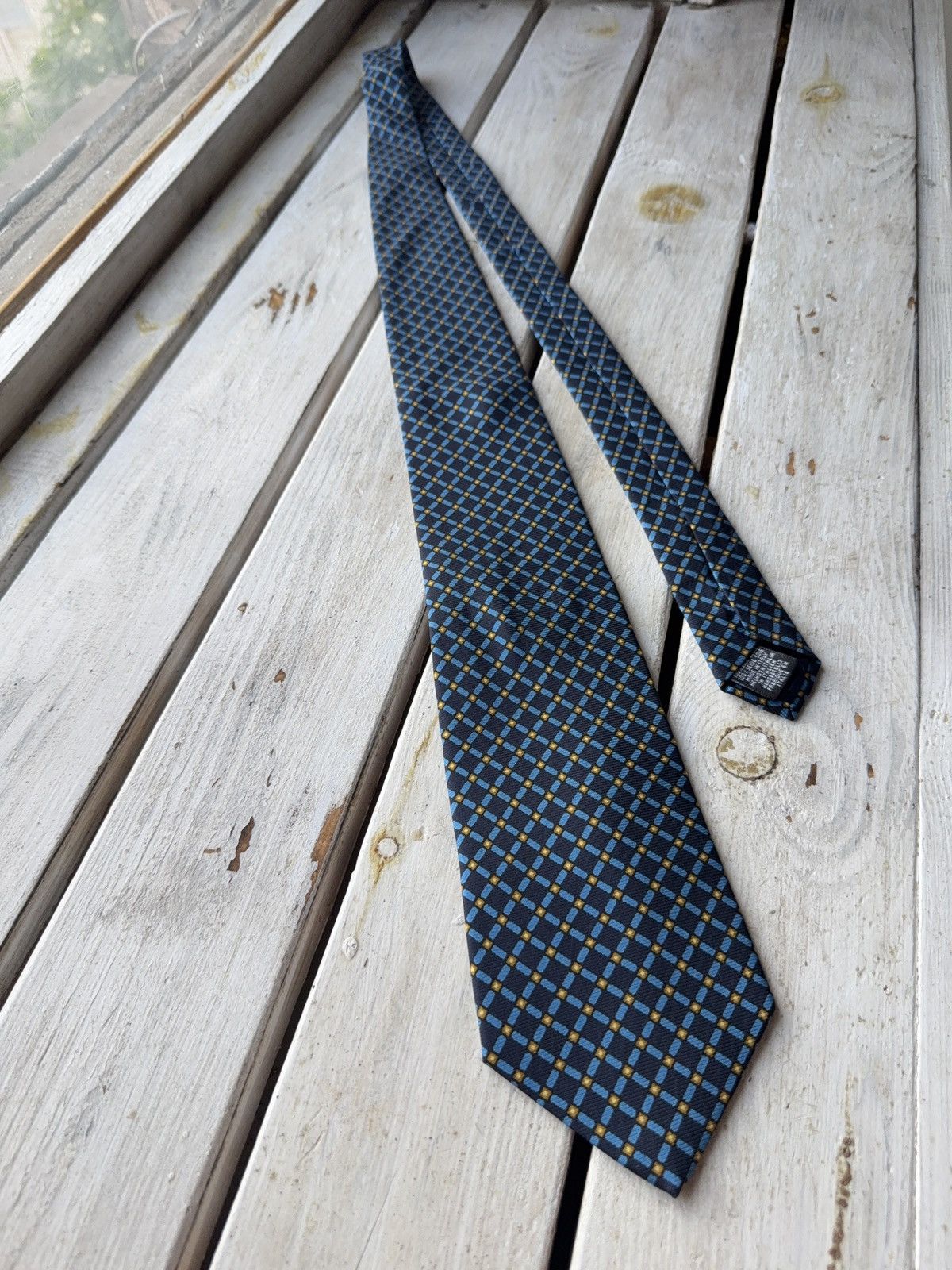 Designer × Vintage Angelo Bosani Italy Silk Tie Blue Yellow Geometric Tie Rack Size ONE SIZE - 1 Thumbnail