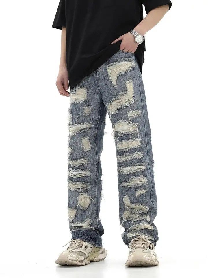 Vintage washed torn hole cut straight tube loose fitting jeans Size US 33 - 1 Thumbnail
