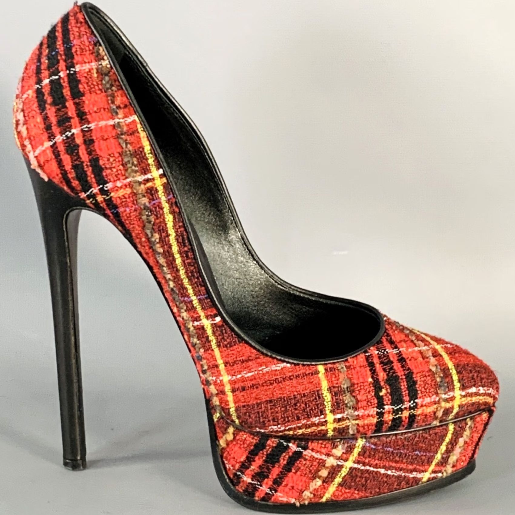 Casadei CASADEI Platform Pumps Size 9 Red Black Yellow Tweed Plaid Leather Trim Size US 9 / IT 39 - 2 Thumbnail