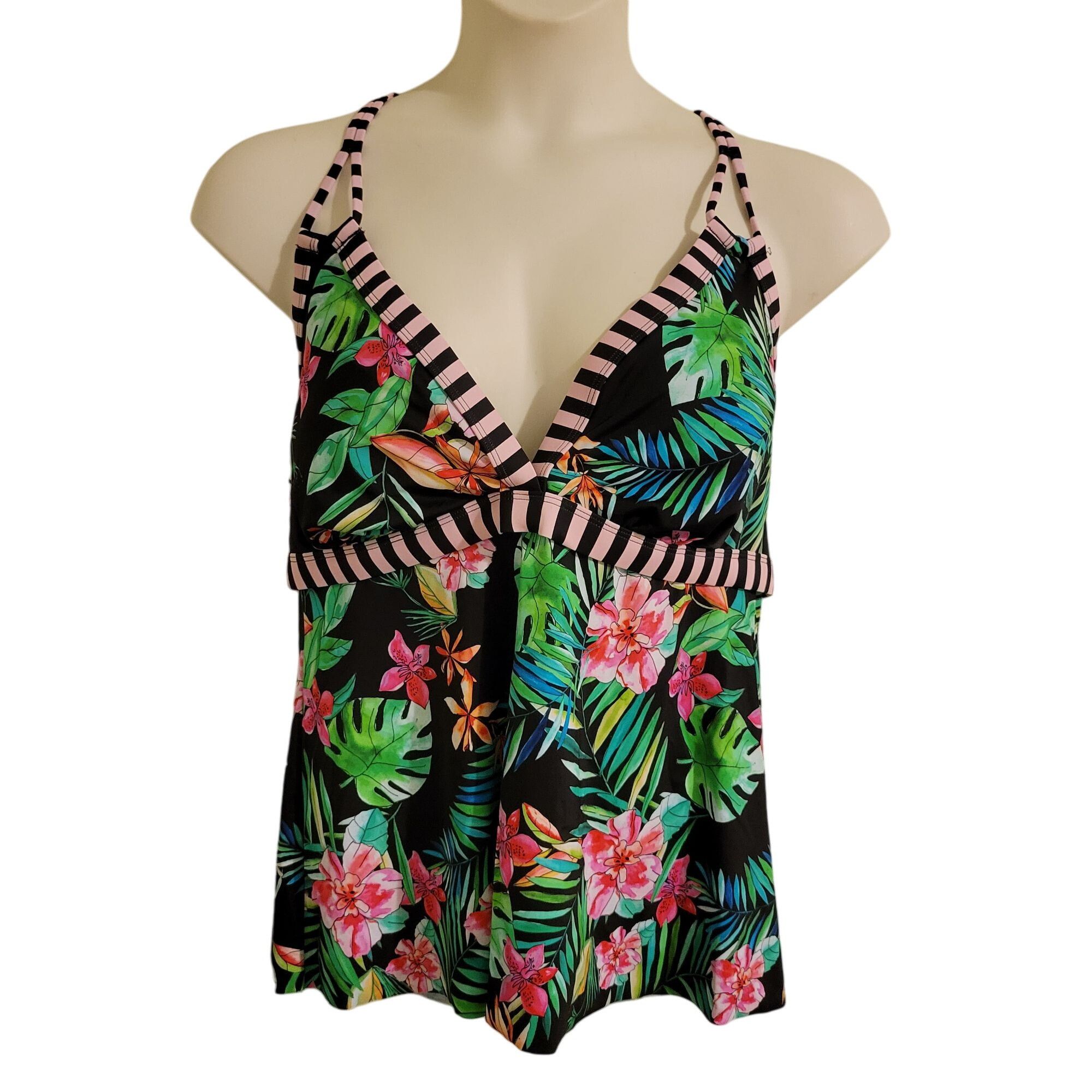 Vintage Swimsuits for All 16 Tropical Floral Pink Black Striped Tank Size XXL / US 16-18 / IT 52-54 - 1 Thumbnail
