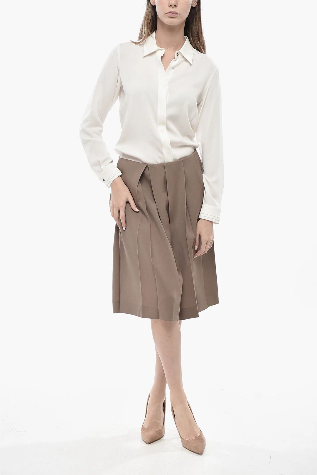 Lanvin og1mm0426 Wool-Blend Plissé Gaucho Short in Brown Size 28" / US 6 / IT 42 - 4 Thumbnail