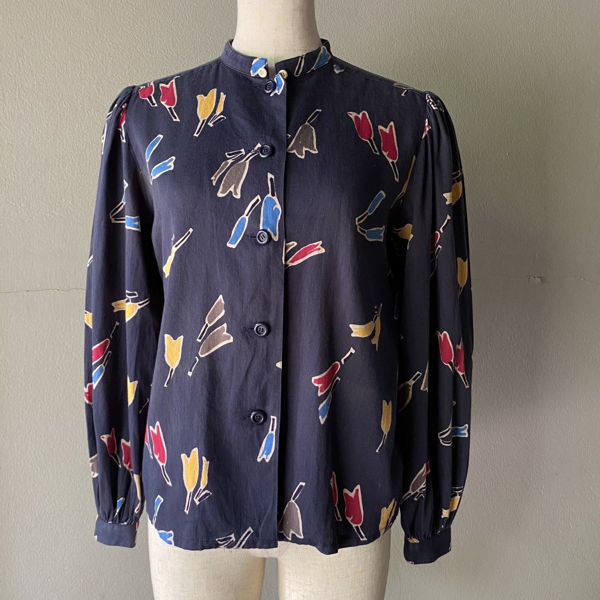Christian Dior Navy Abstract Tulip Print Blouse