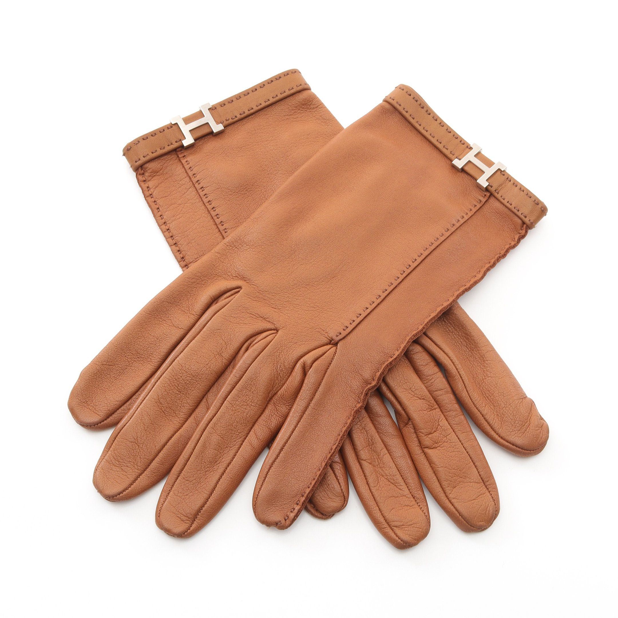 Hermes Hermes H Logo Gloves Glove Lambskin Brown Silver Hardware Size ONE SIZE - 1 Thumbnail