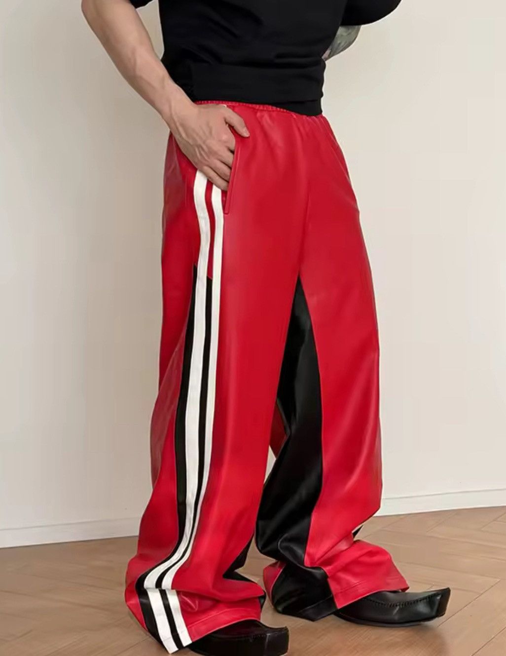 Japanese Brand Red PU Leather Wide-Leg Pants with Stripes Size US 33 - 3 Thumbnail