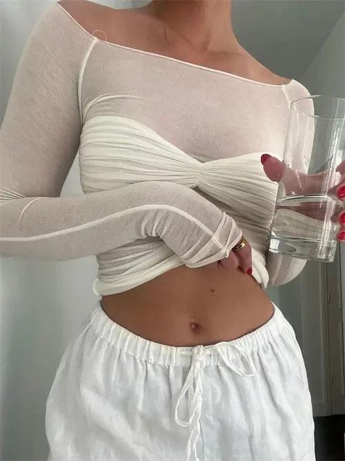 Designer Transparent Off Shoulder Long Sleeve Shirt Crop Top y2k Size M / US 6-8 / IT 42-44 - 2 Thumbnail