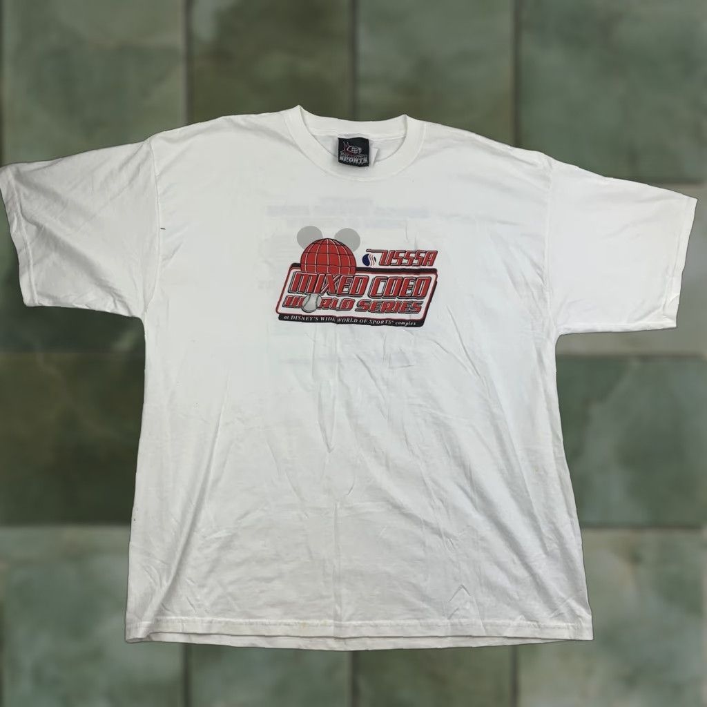Disney VINTAGE Walt Disney World USSSA Baseball T Shirt Adult 2XL White Crew Neck Short Sleeve World Series Mens Size US XXL / EU 58 / 5 - 1 Thumbnail