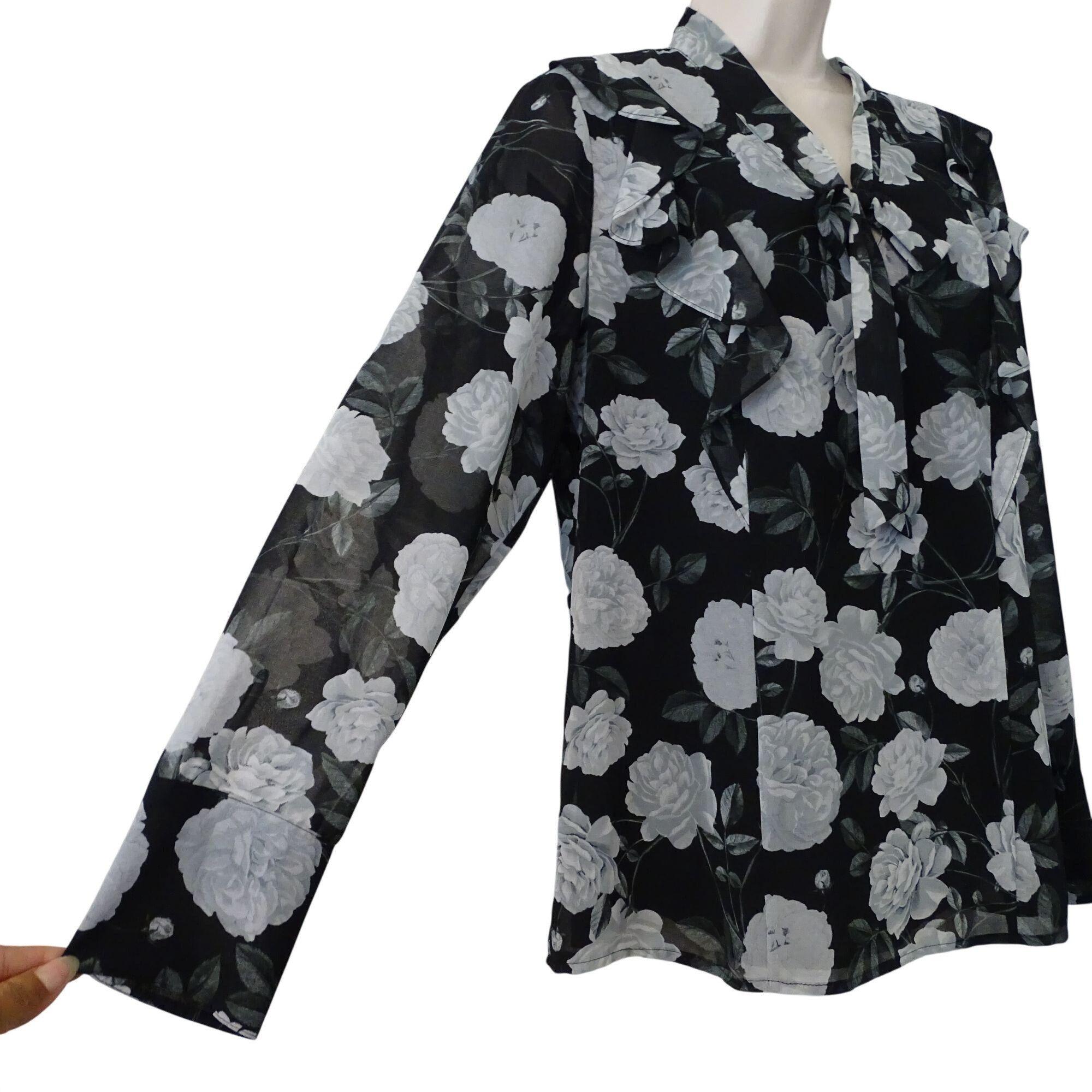 Karl Lagerfeld Karl Lagerfeld Women Black Floral Long Sleeve Blouse Size M Size M / US 6-8 / IT 42-44 - 4 Thumbnail