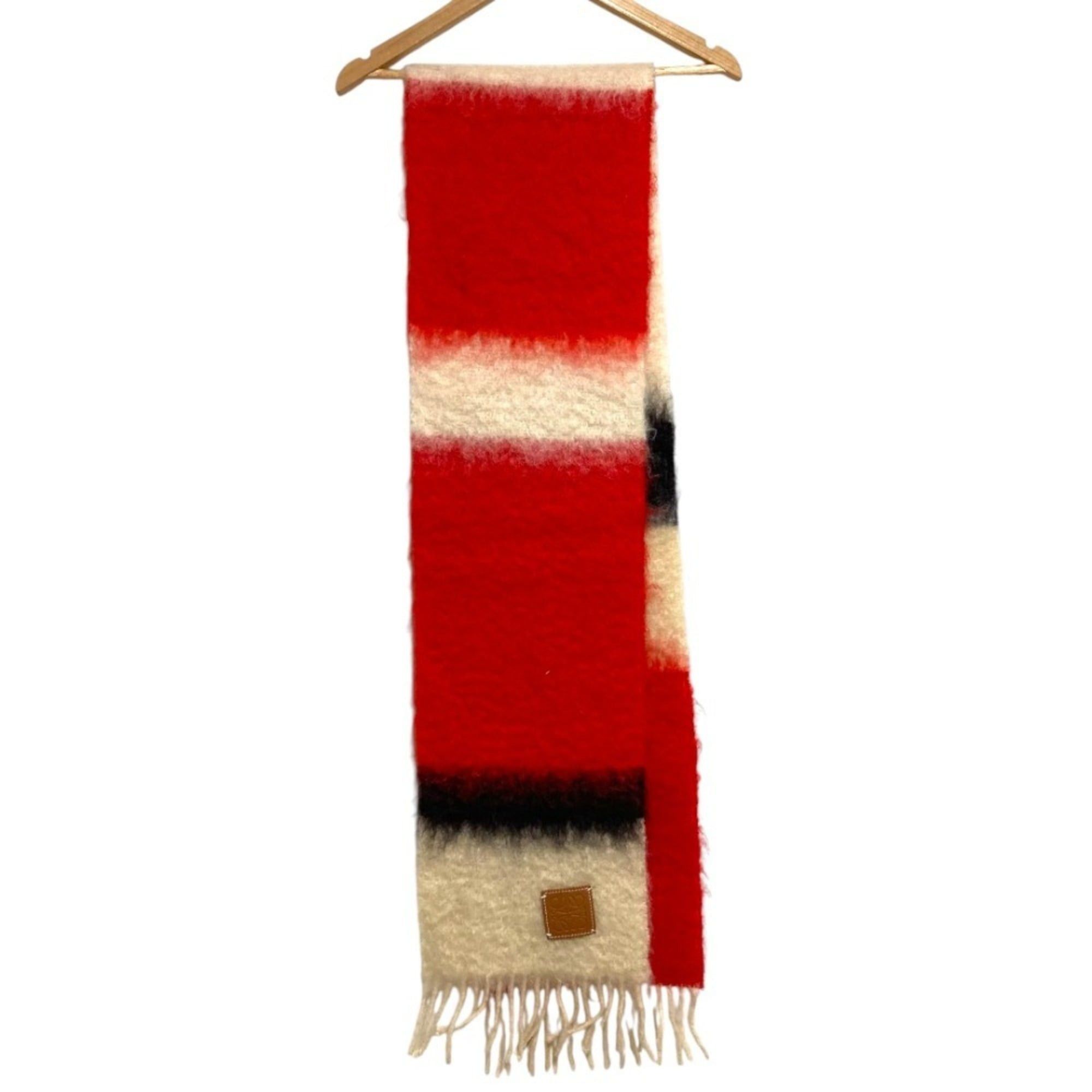 Loewe LOEWE Anagram Leather Patch Wool Mohair Shaggy Scarf Red Women's Luxs Pre-owned Brands Size ONE SIZE - 1 Thumbnail
