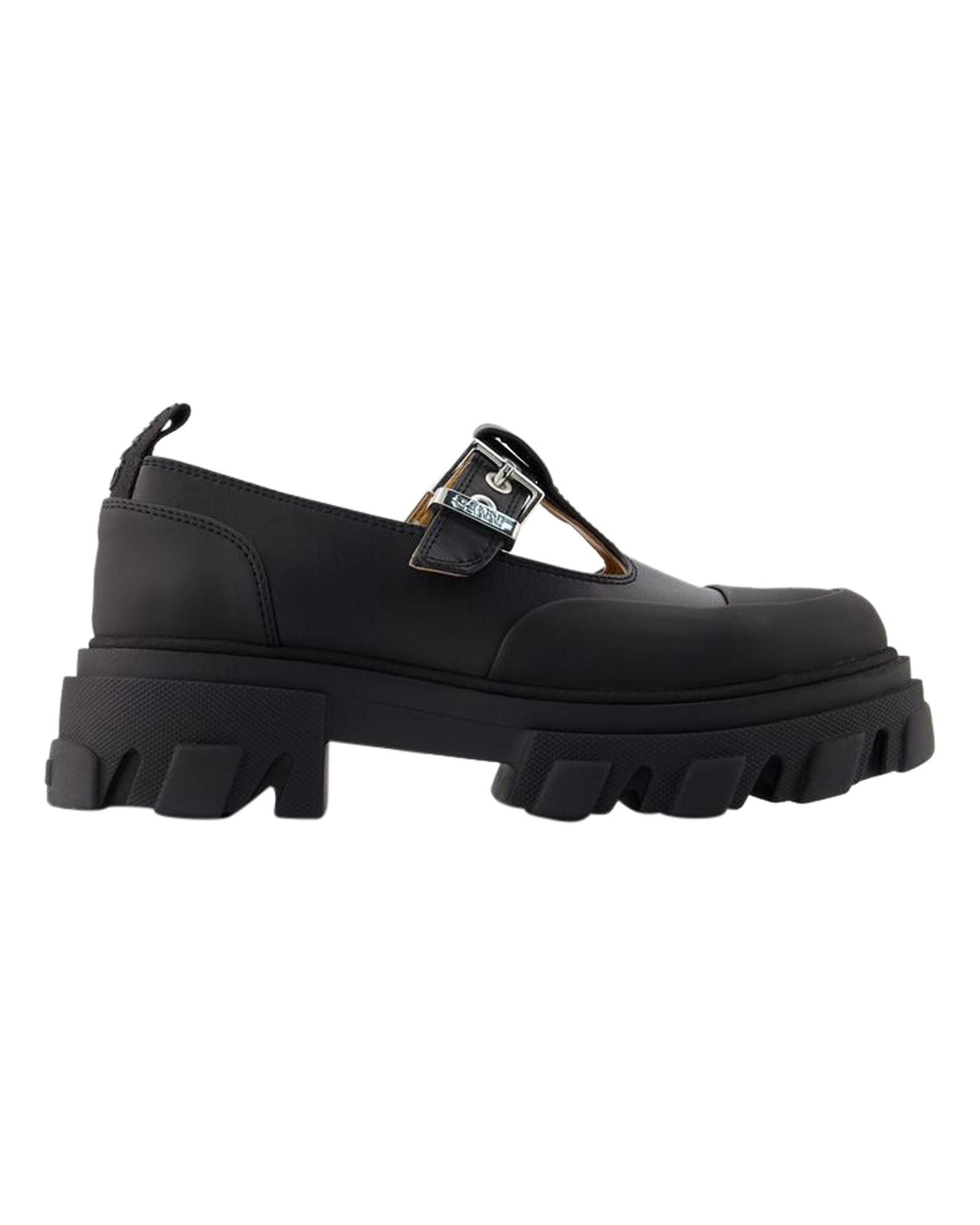 image of Ganni Black Synthetic Leather Mary Jane Loafers With Cleated Sole, Women's (Size 11)