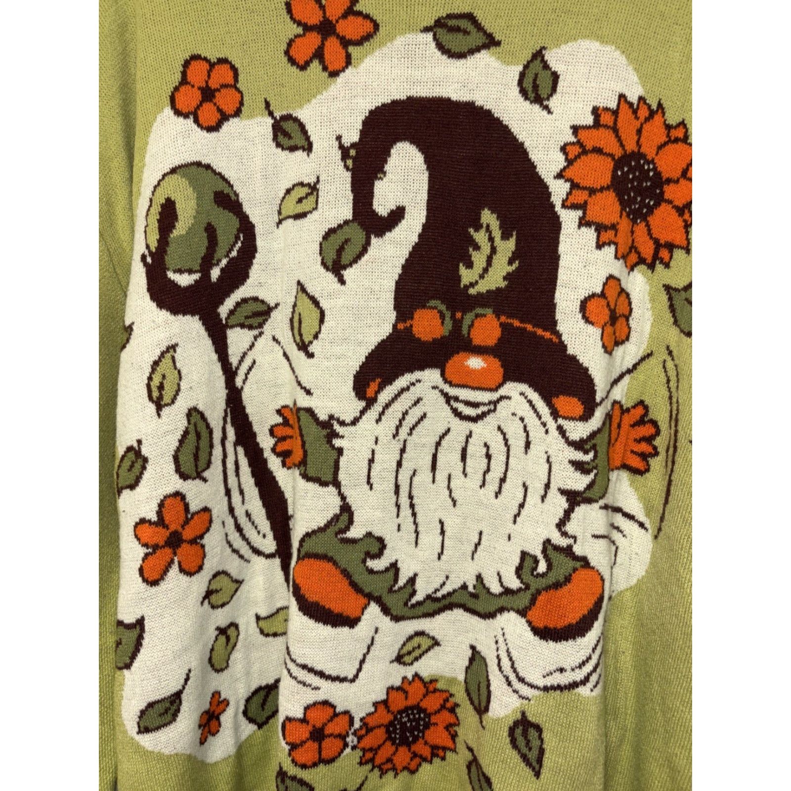 Sunflower Earthbound Gnome Flowers Sunflowers Long Sleeve Knit Sweater Green M Pullover Size M / US 6-8 / IT 42-44 - 2 Thumbnail