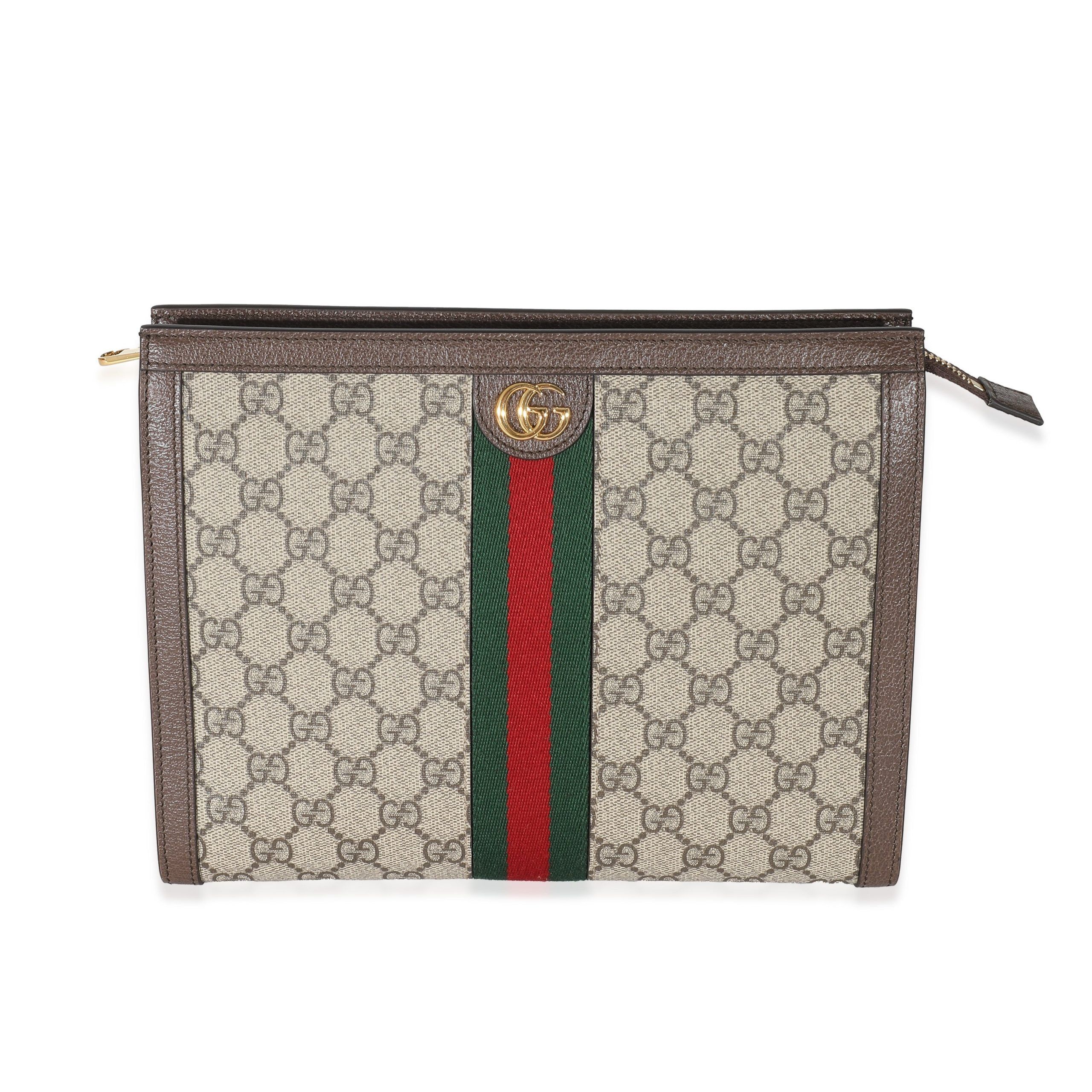 image of Gucci Beige GG Supreme Web Ophidia Pouch in Brown, Women's