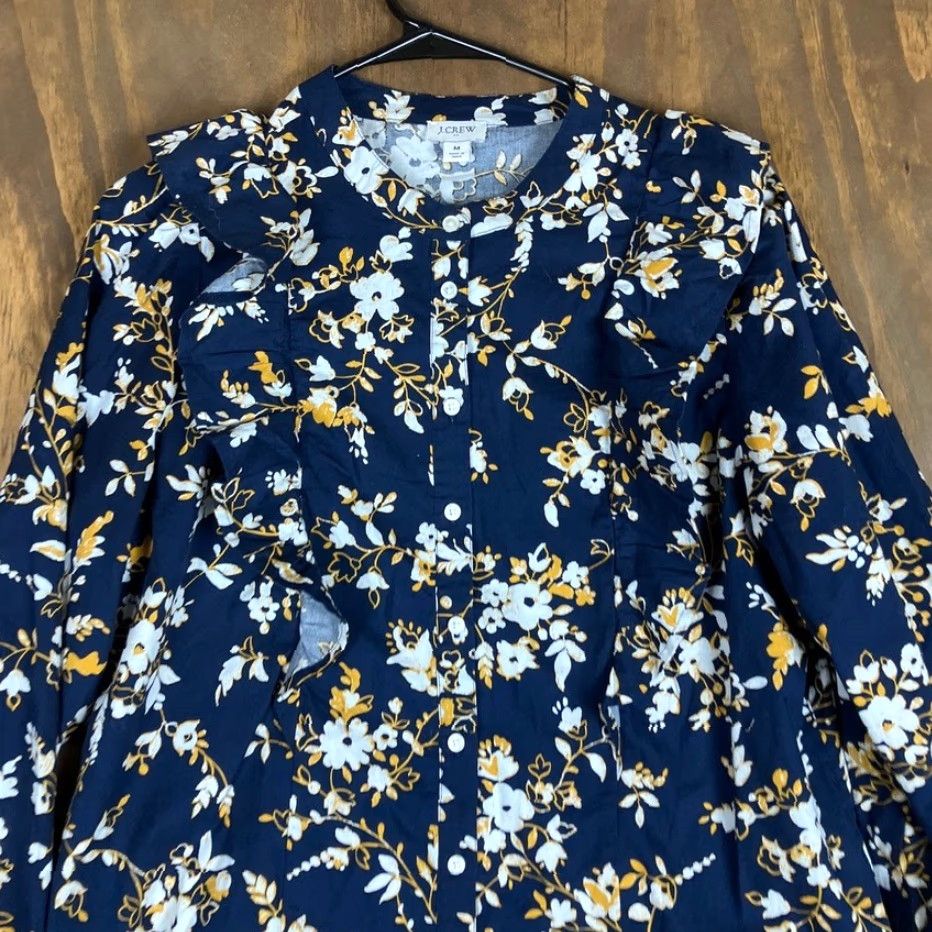 J.Crew J. Crew Blouse Womens Blue Multicolored Floral Ruffle Button Down Long Sleeve M Shirt Size M / US 6-8 / IT 42-44 - 2 Thumbnail