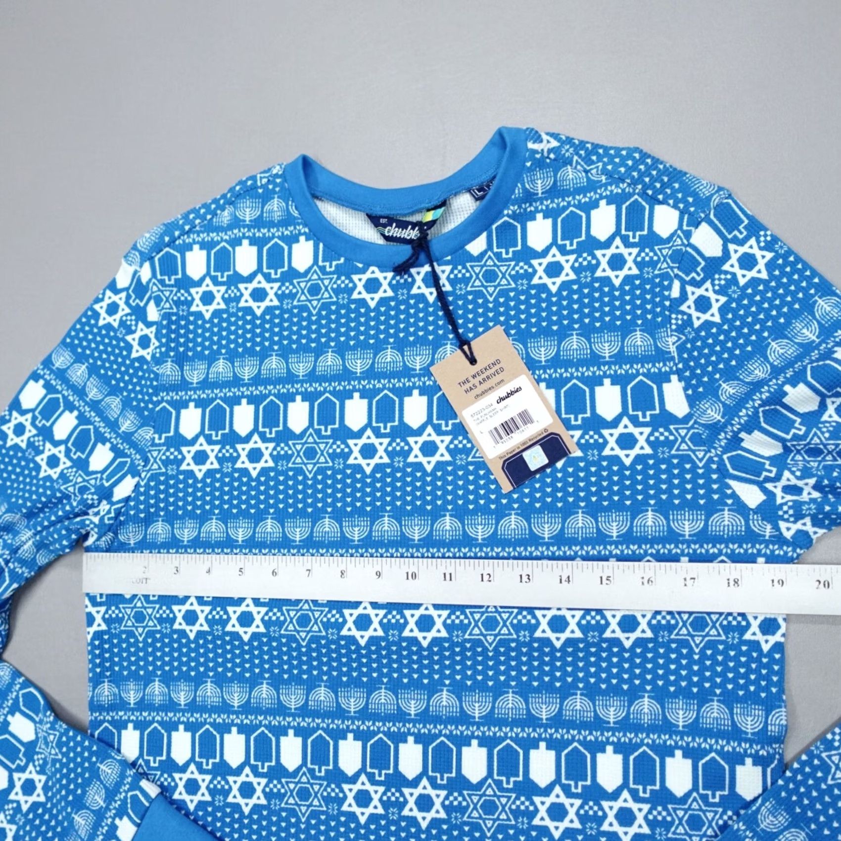 Chubbies Chubbies Pajama Top Shirt Mens L Blue Long Sleeve Crew Neck Waffle Funukkah Hanukkah Slim Fit Holiday Winter Geometric Pattern Size US L / EU 52-54 / 3 - 5 Thumbnail