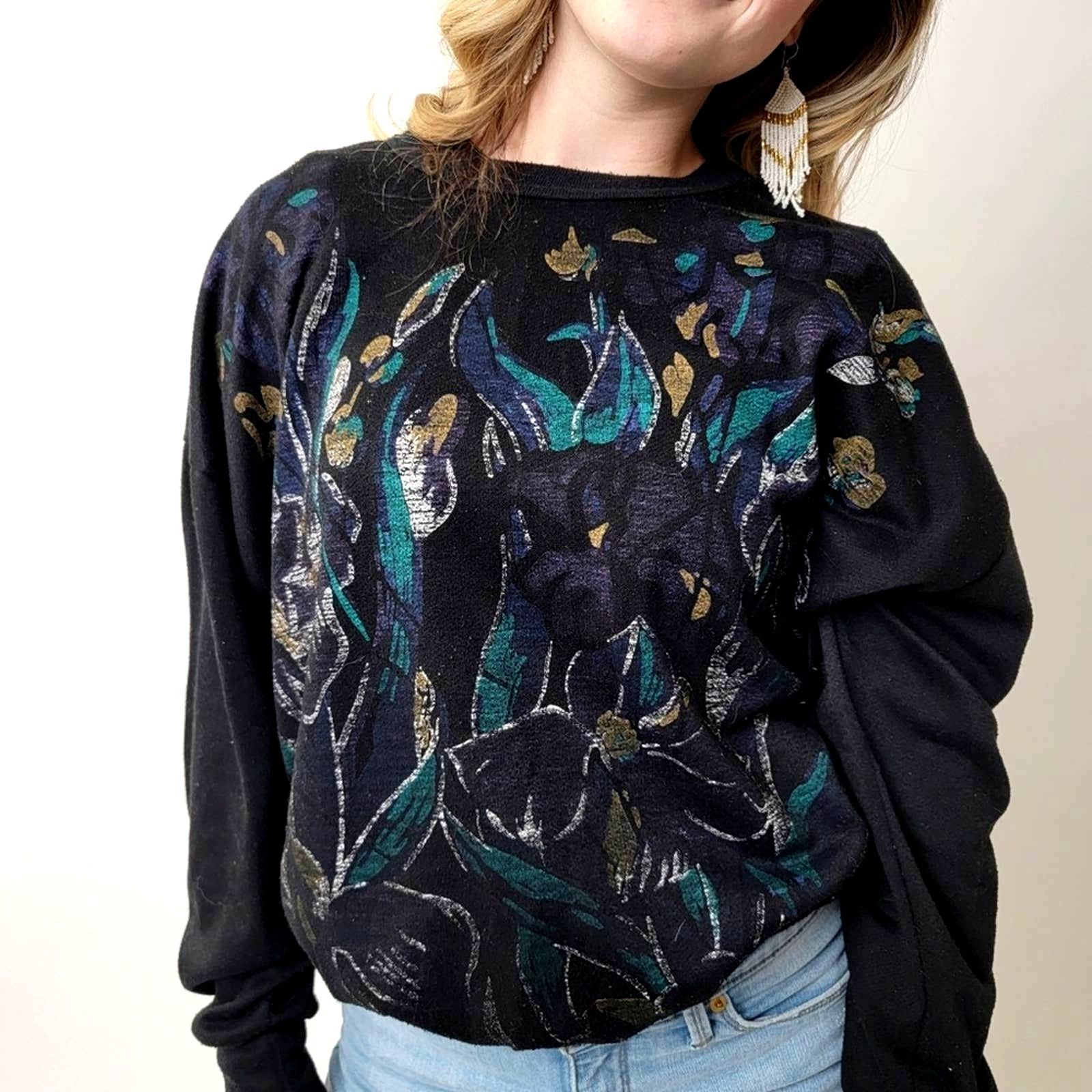 Vintage Vintage 90s Black Muted Floral Sweatshirt Size M / US 6-8 / IT 42-44 - 2 Thumbnail