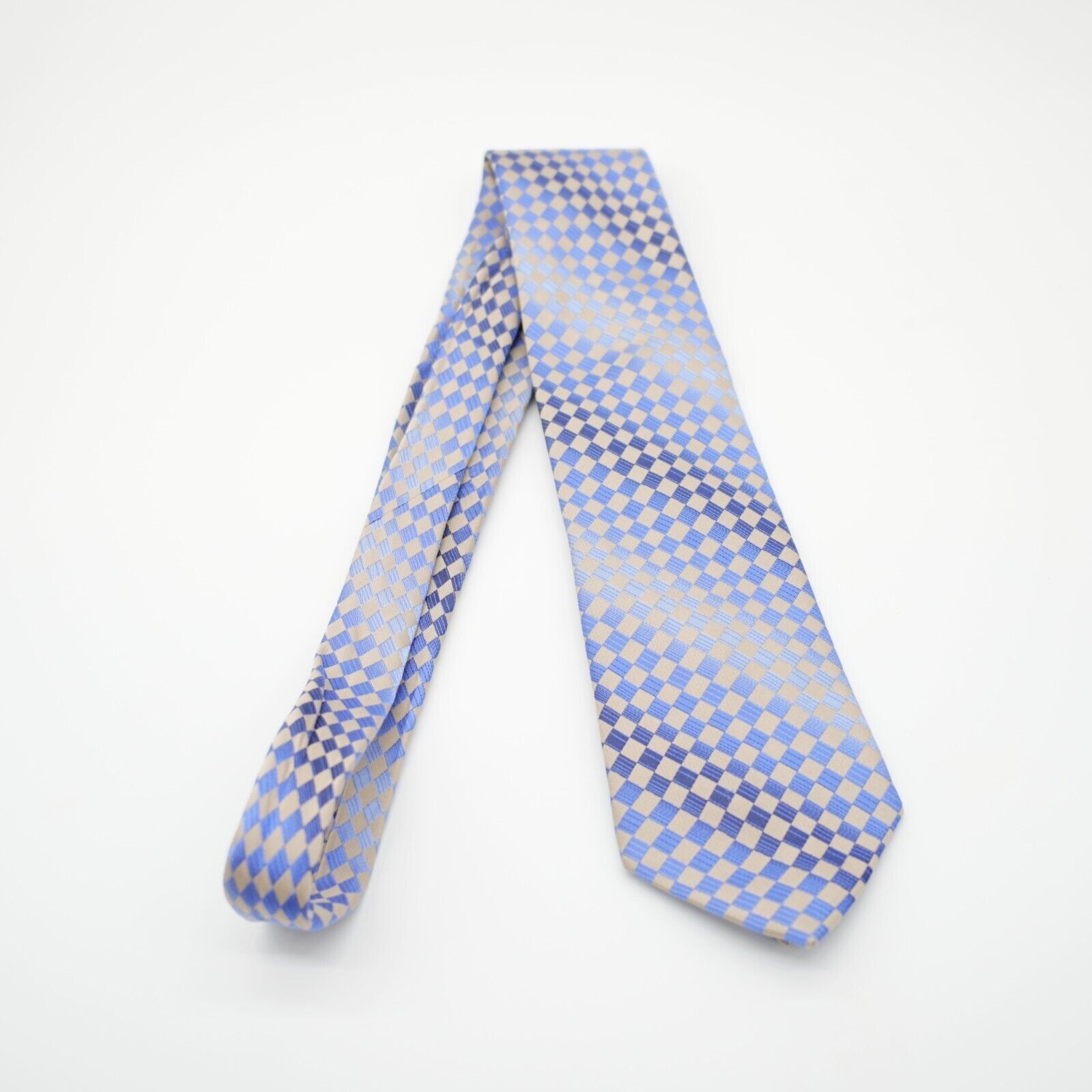 Calvin Klein Calvin Klein Blue Tan Woven Checkerboard Long Silk Tie Size ONE SIZE - 7 Thumbnail