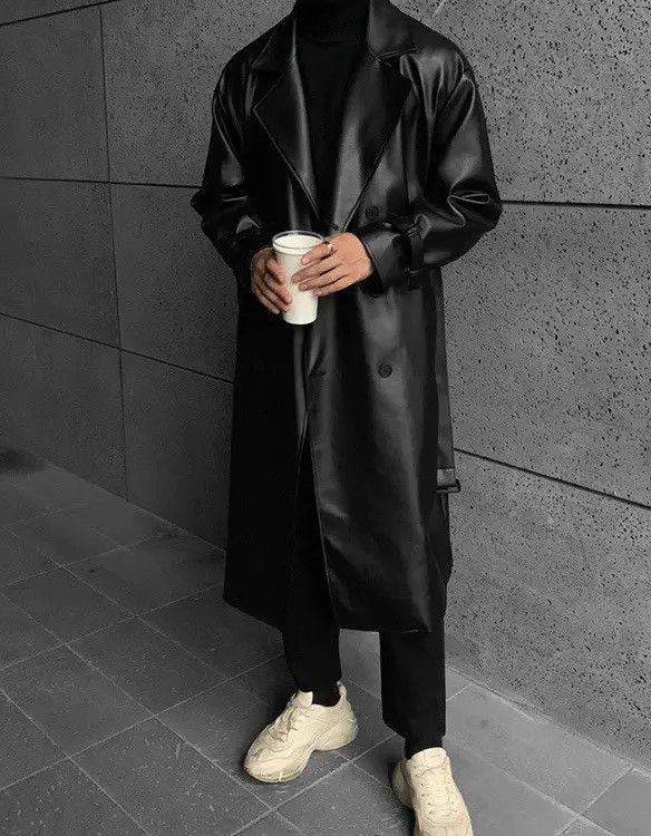 VIBE Streetwear style Long Black Faux Leather trench coat y2k Size US L / EU 52-54 / 3 - 2 Thumbnail