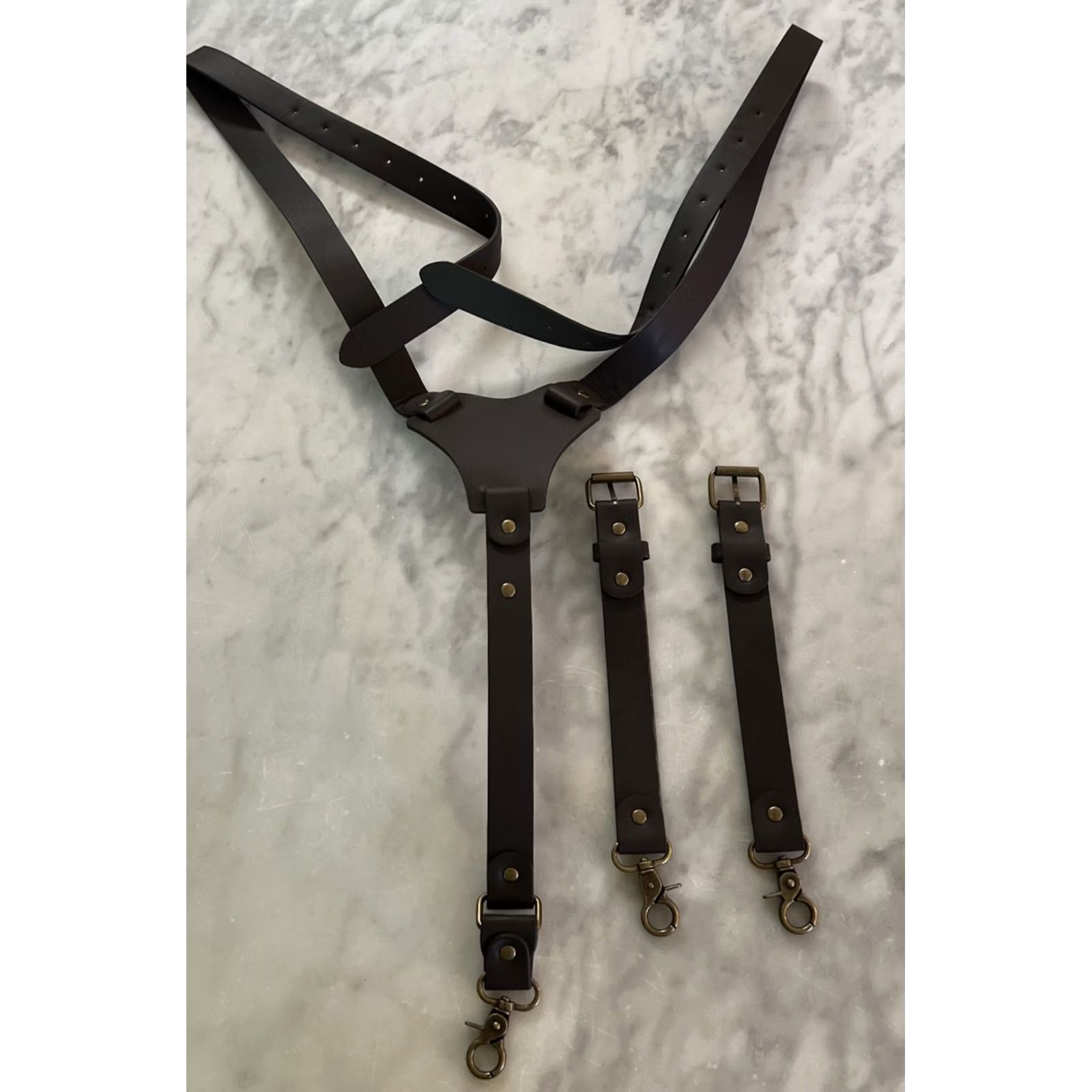Vintage Unbranded Leather Suspenders Y-Back Heavy Duty 3 Metal Lobster Hooks Adjustable Brown Mens One Size BelT Clip Leather Size ONE SIZE - 2 Thumbnail