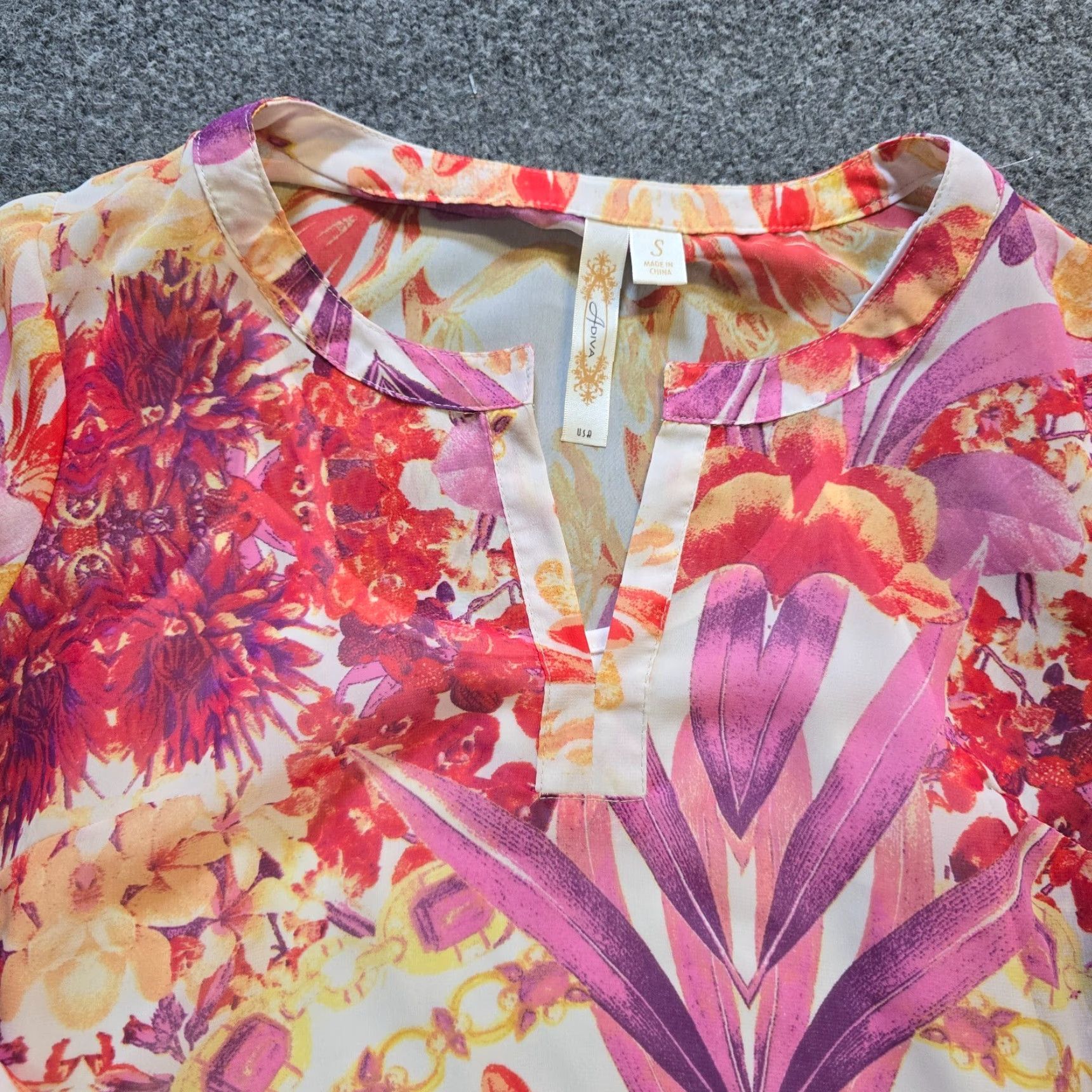 Vintage Adiva Top Womens Size S Purple Yellow Floral Abstract Sheer Tunic Casual Blouse Shirt Size S / US 4 / IT 40 - 2 Thumbnail
