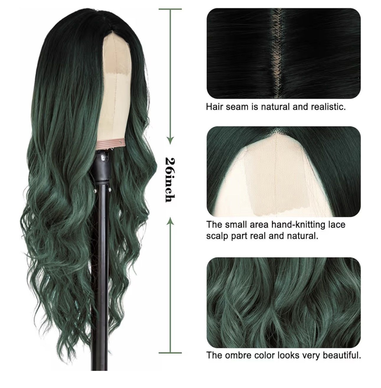 Other New Long Ombre Green Wavy Wig 26 Inch Middle Part Wig Size ONE SIZE - 4 Thumbnail