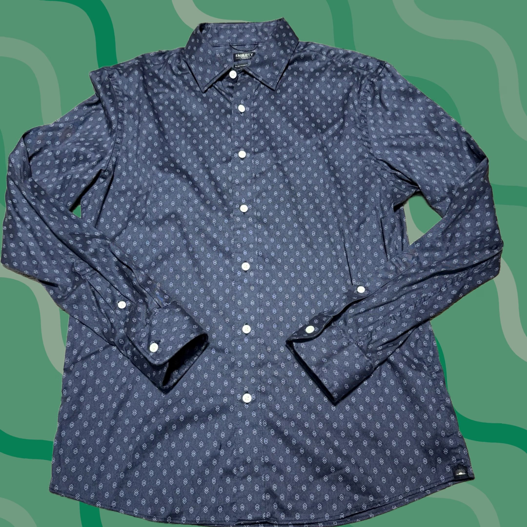 Faherty Faherty Movement Button-Up Shirt Mens M Blue Geometric Long Sleeve Regular Fit, Woven Cotton Blend Size US L / EU 52-54 / 3 - 1 Thumbnail