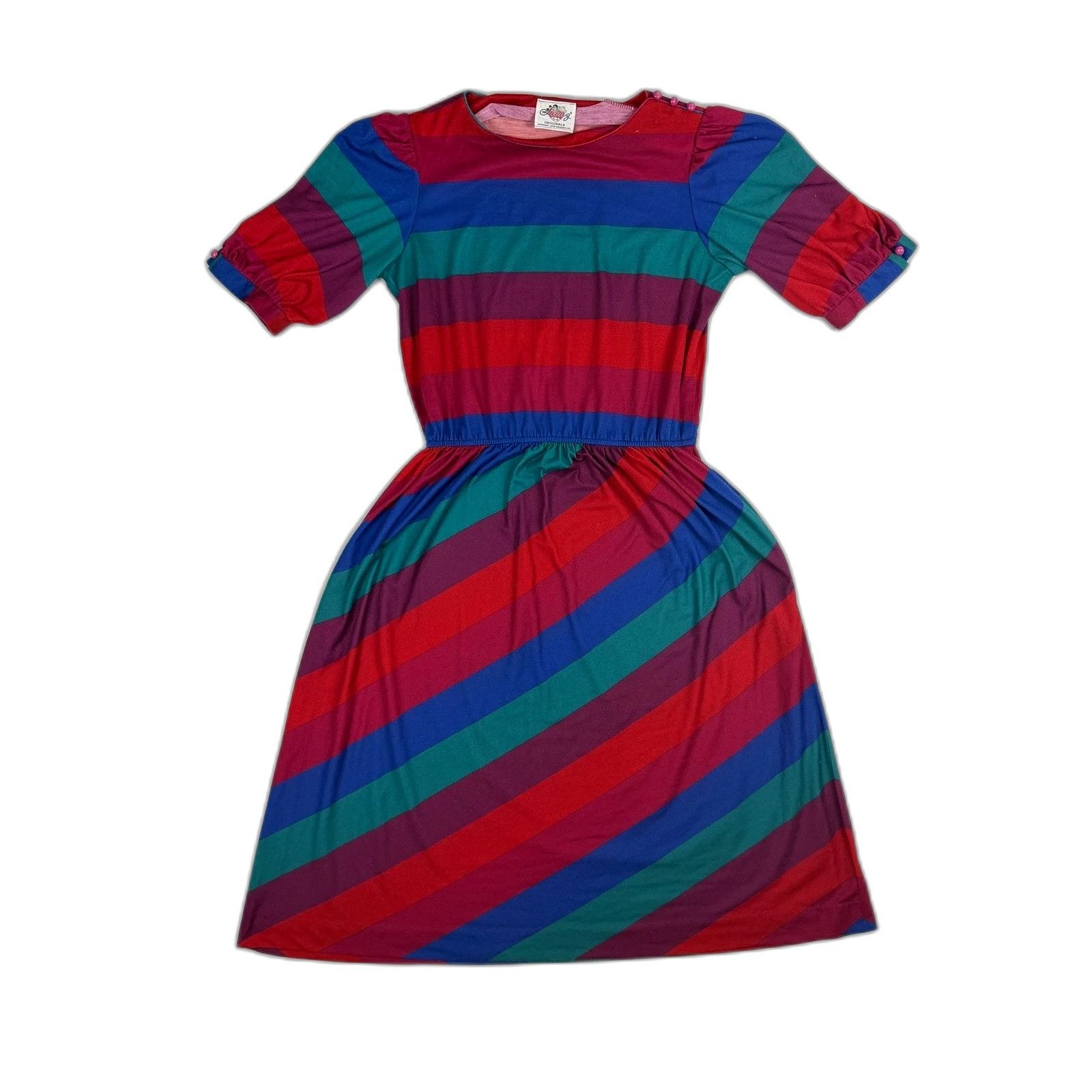 Sara Lanzi Lanz Vintage 80s Rainbow Stripe Dress Puff Sleeve Retro Midi Size XXS / US 00 / IT 34 - 1 Thumbnail