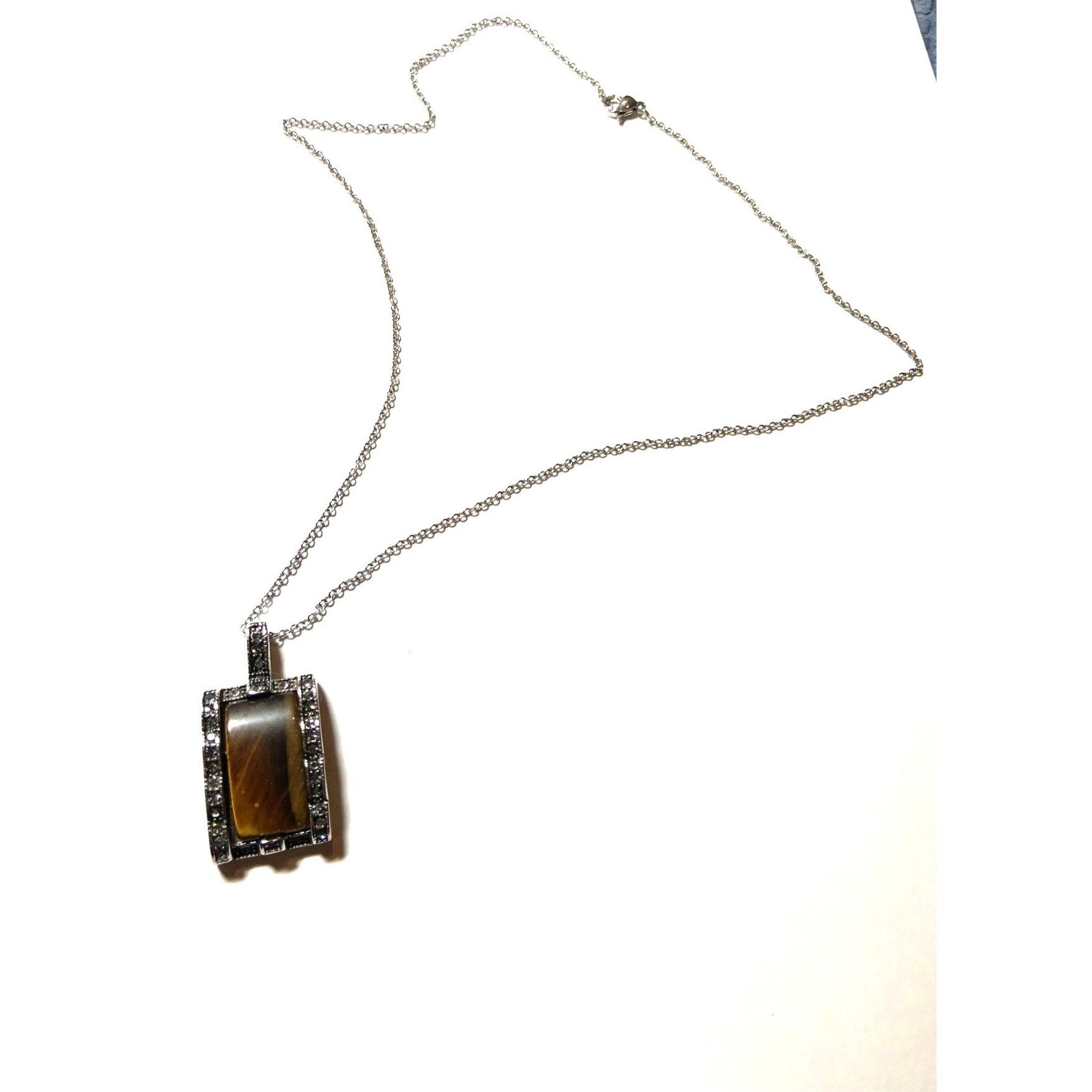 Other Tigers Eye Pendant Necklace With Silver-Tone Chain & Rhinest Size ONE SIZE - 1 Thumbnail