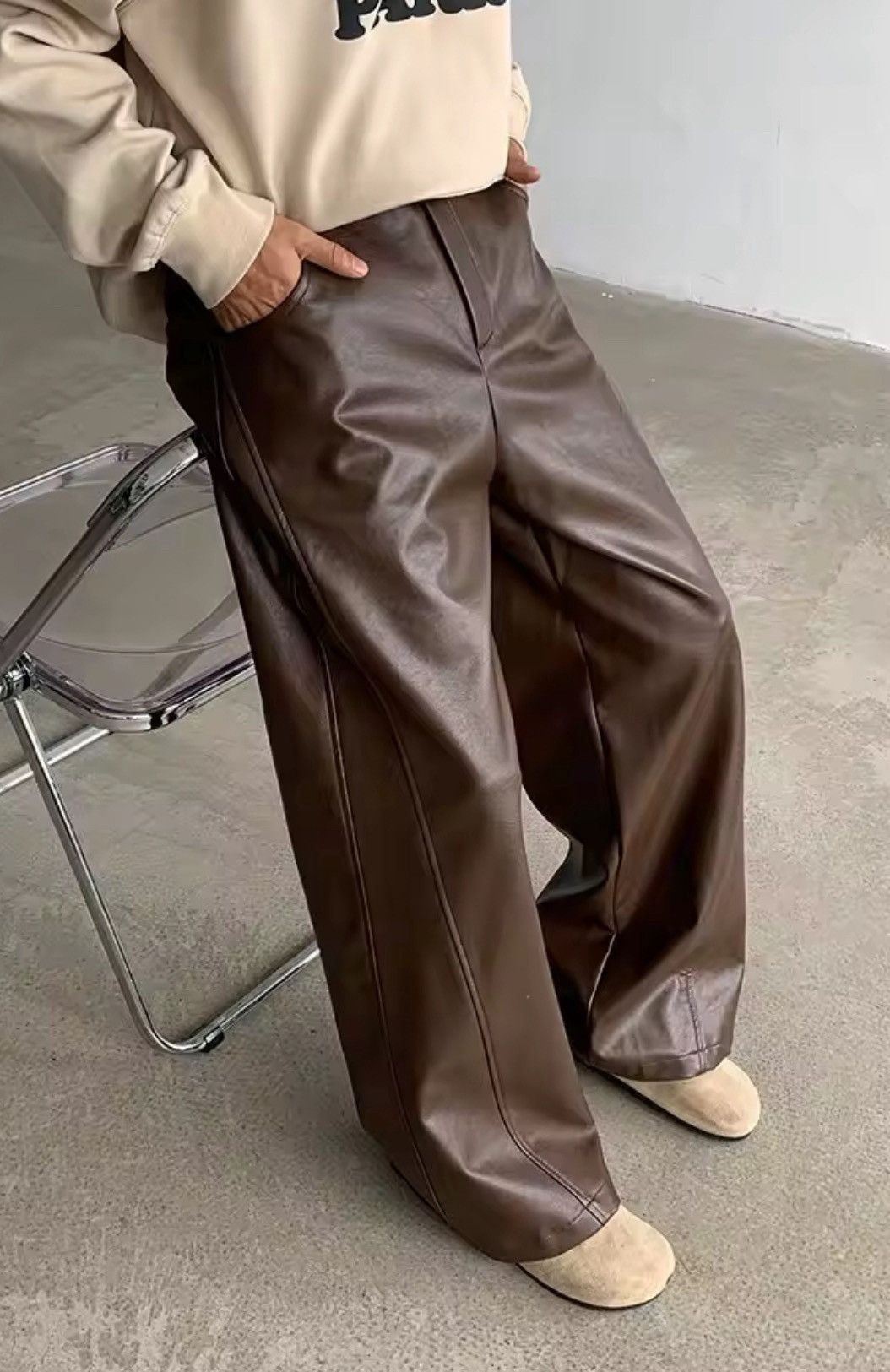 Jean PU Leather Wide-Leg Pants | Vintage-Inspired Size US 29 - 2 Thumbnail