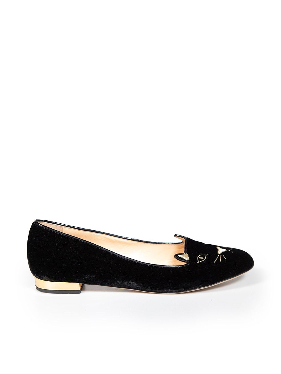 image of Charlotte Olympia Black Velvet Kitty Ballet Flats, Women's (Size 11)