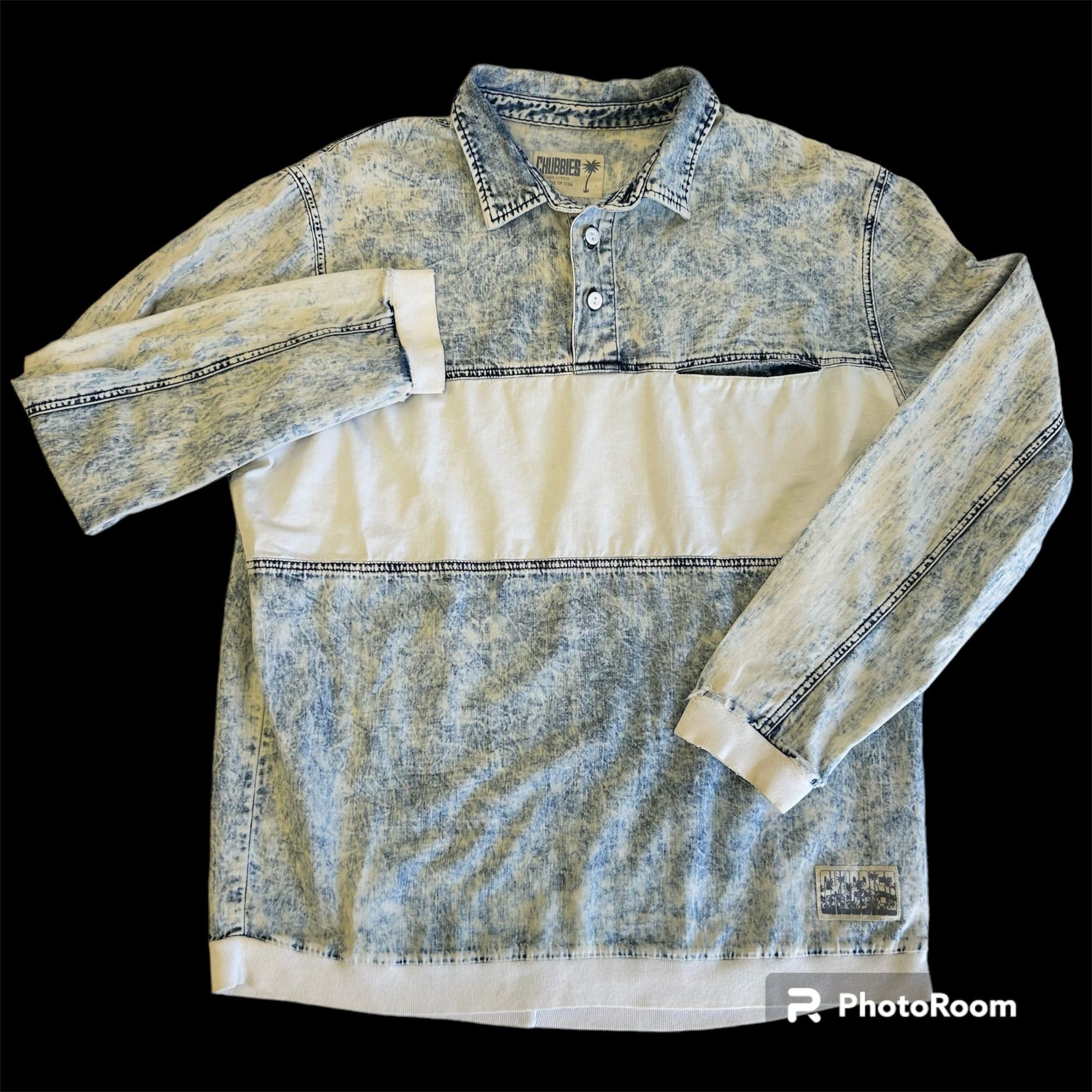 image of Unkwn 90's Chubbies Stonewash Denim Colorblock Rugby Logo Long sleeve Polo in White, Men's (Size XL