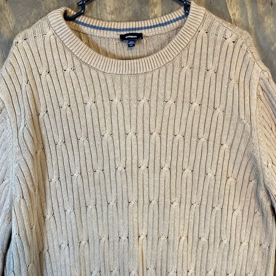 Express Express Mens Sweater Cable Knit Crew Neck Long Sleeve Pullover 2XL Brown Size US XXL / EU 58 / 5 - 2 Thumbnail