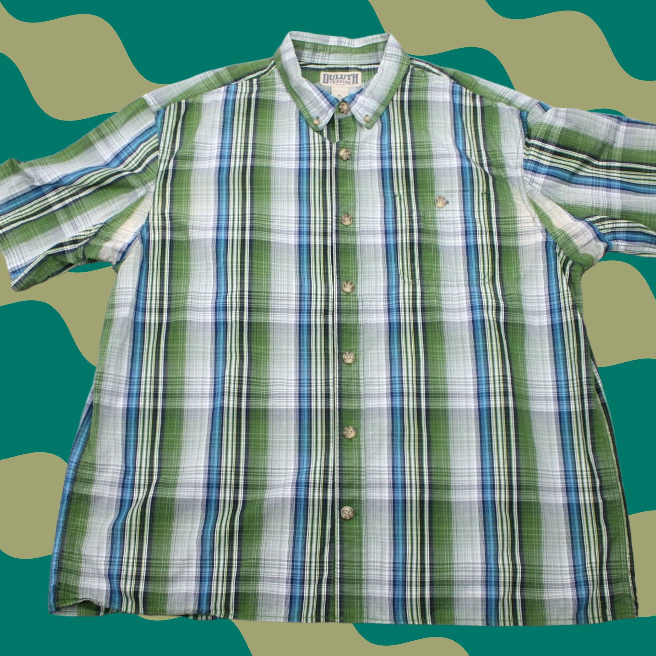 Vintage Duluth Mens XL Button-Up Plaid Shirt Green/Blue/White Cotton Short Sleeve Casual/Workwear, Breathable, Pockets, 26 Chest, Regular Fit, Vintage N/A Size US XL / EU 56 / 4 - 1 Thumbnail