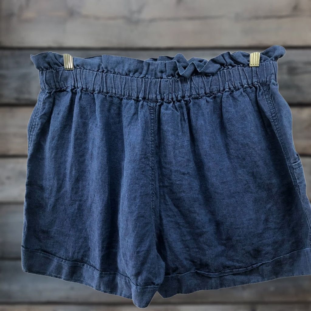 Mango MNG Mango 100% Linen Pull On Shorts Womens XL Blue High Rise Paper Bag Linen Shorts Size 40" / US 18 - 1 Thumbnail