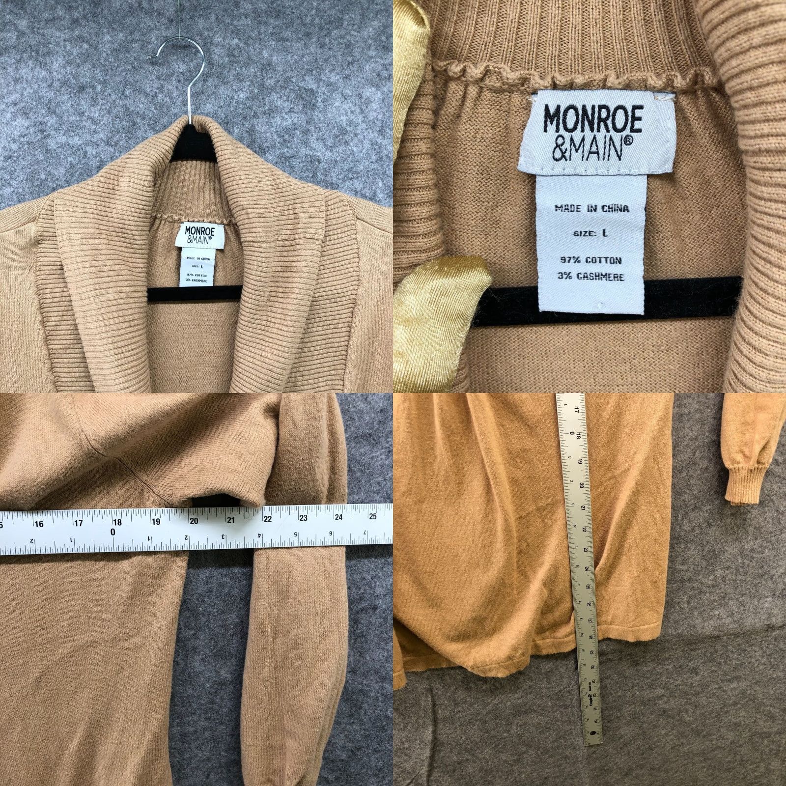 Vintage Monroe & Main Womens Sweater Pullover Tan Cotton Cashmere Shawl Collar Size L Pullover Size L / US 10 / IT 46 - 8 Thumbnail