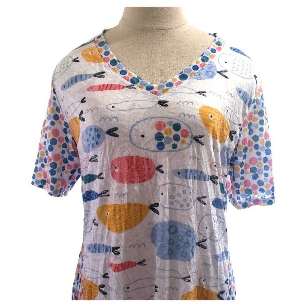 Designer CT1574 Shana White Fish Design Lightweight T-shirt Dress XS Size XS / US 0-2 / IT 36-38 - 2 Thumbnail