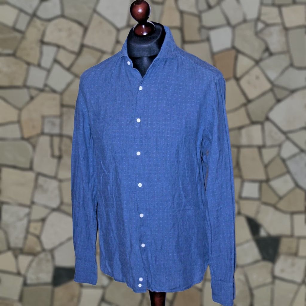 Vintage Boggi Milano formal shirt Mens Size L 100% linen Blue easy custom fit Size 42R - 1 Thumbnail
