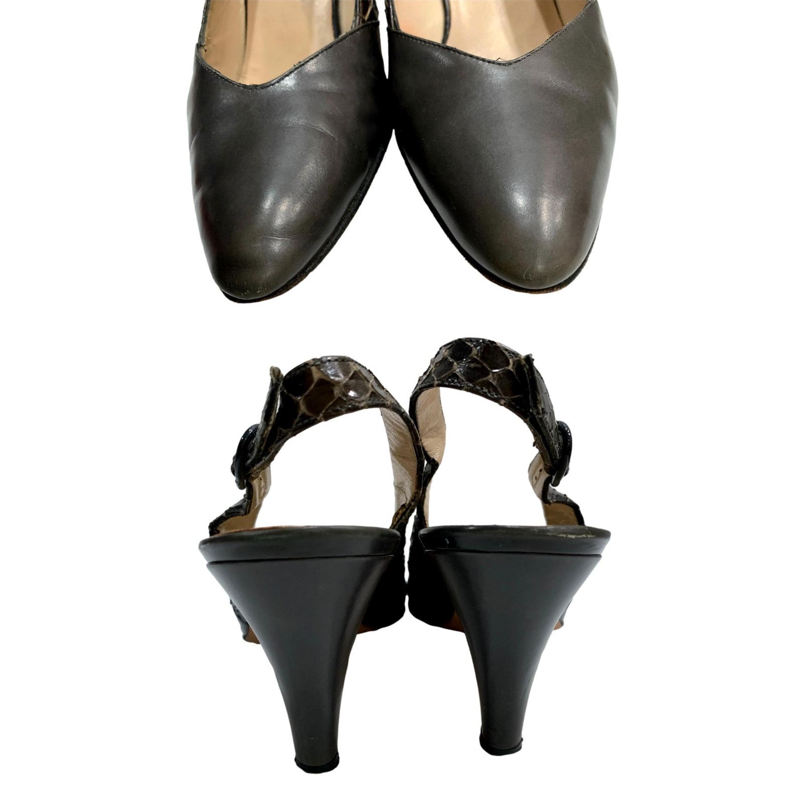 Genuine Leather × Salvatore Ferragamo × Vintage Vintage Ferragamo Dark Gray Leather & Snake Sling Backs | 6 Size US 6 / IT 36 - 5 Thumbnail