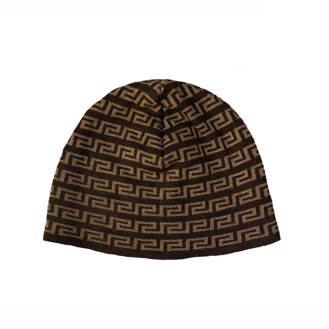 image of Versace Monogram Brown Knit Beanie, Men's