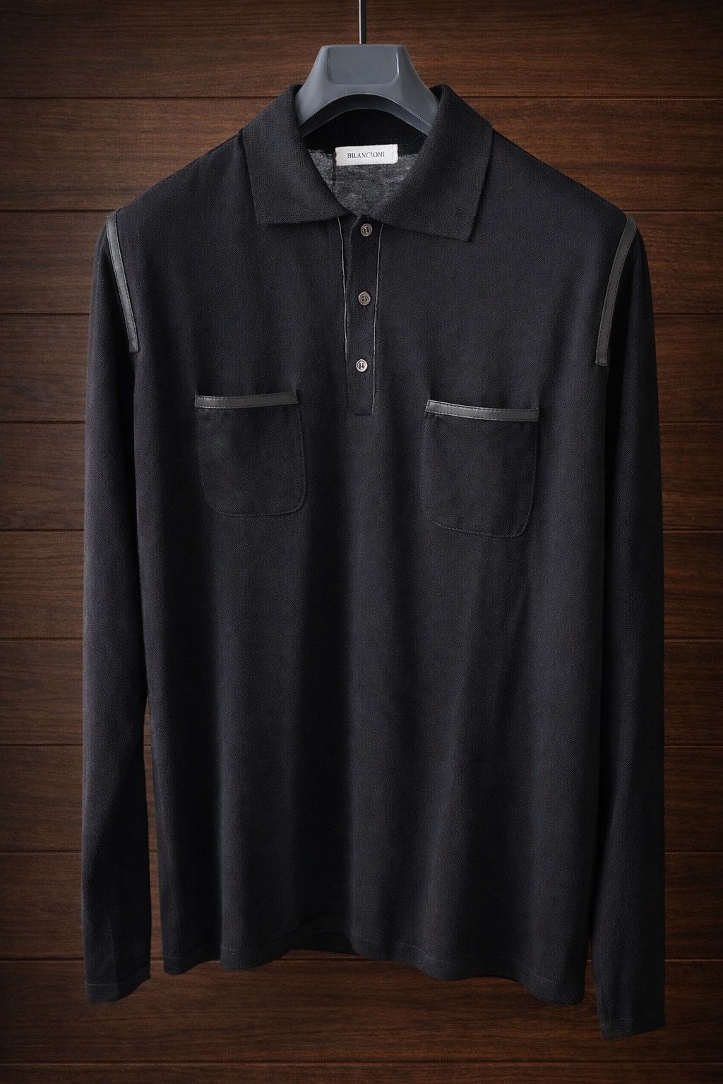 Other Bilancioni Black Wool Leather Trim Polo IT50 Size US M / EU 48-50 / 2 - 5 Thumbnail