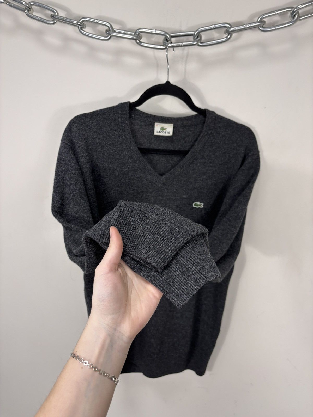 Lacoste Vintage Lacoste Men’s Dark Charcoal Grey Wool V-Neck Sweater Size US M / EU 48-50 / 2 - 7 Thumbnail