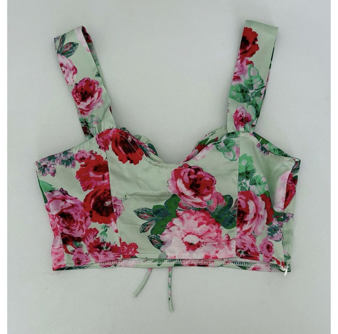 Japanese Brand Green Pink Floral Satin Tank Crop Top Shirt Cami Blouse XS🌸✨ Size XS / US 0-2 / IT 36-38 - 3 Thumbnail