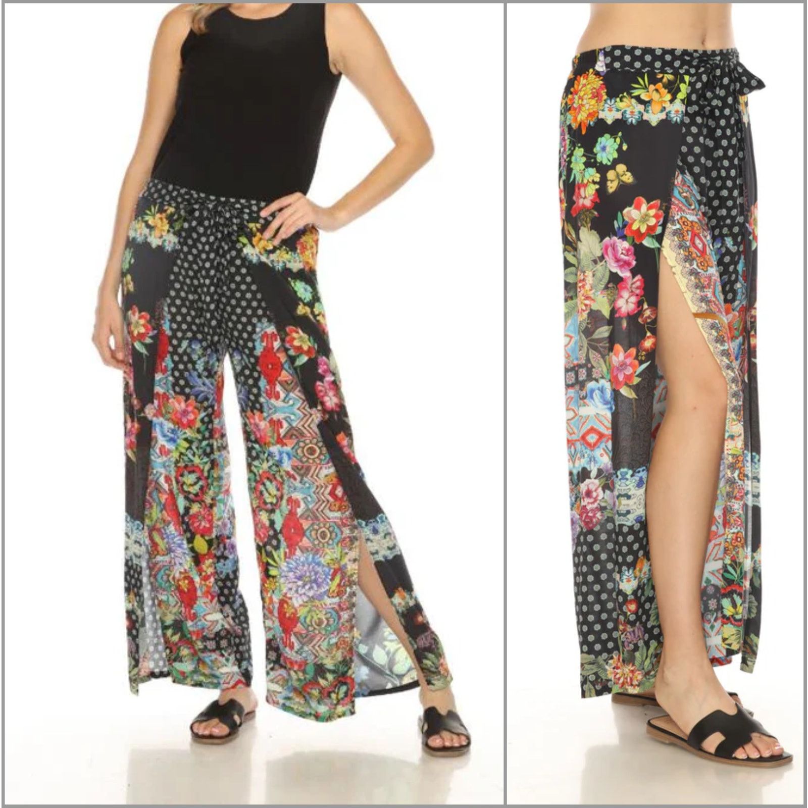 Johnny Was Black Dreamer Wrap Pants Floral print slit leg
