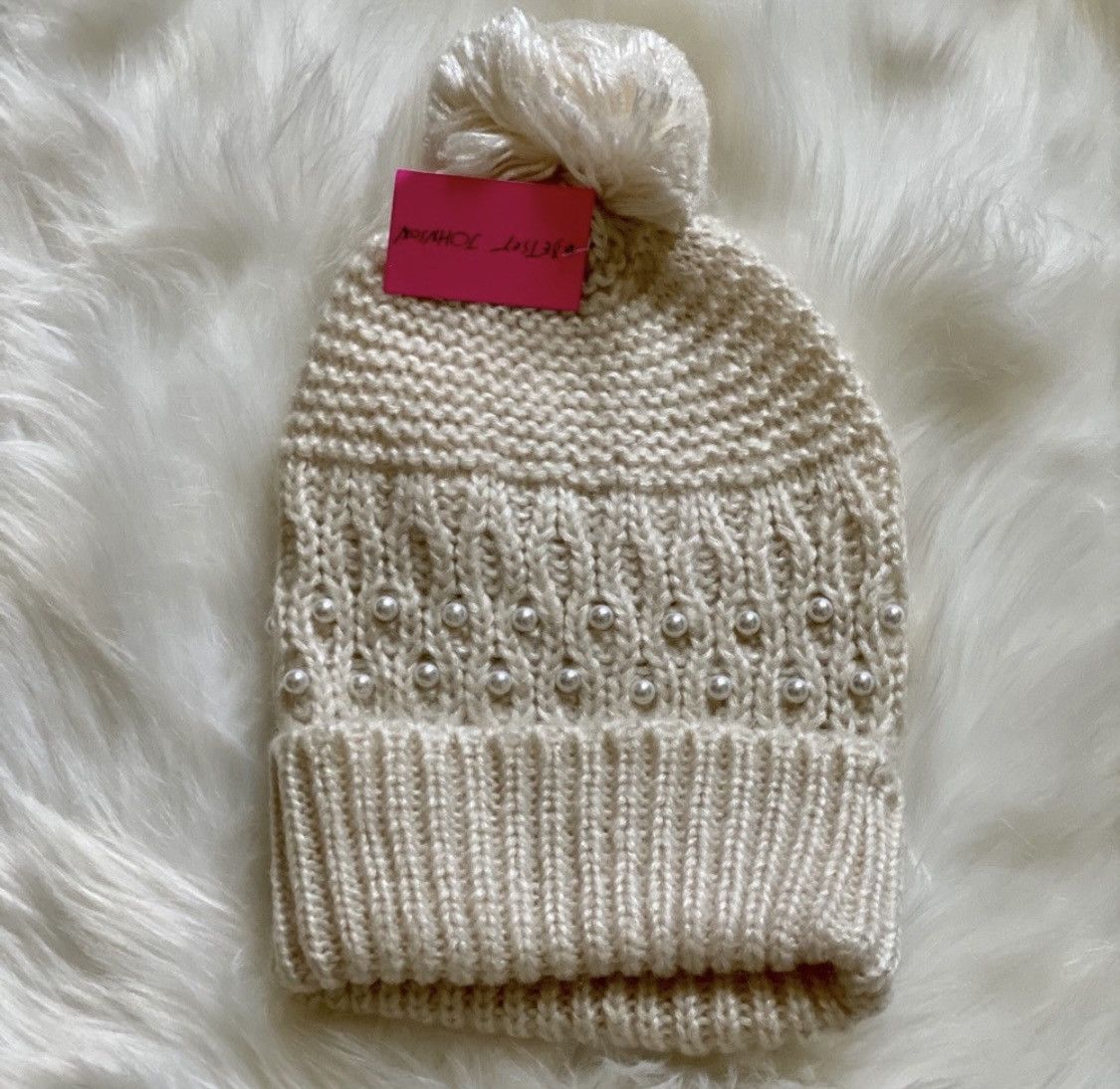 Betsey Johnson BETSEY JOHNSON IVORY PEARL KNIT BEANIE HAT Size ONE SIZE - 6 Thumbnail
