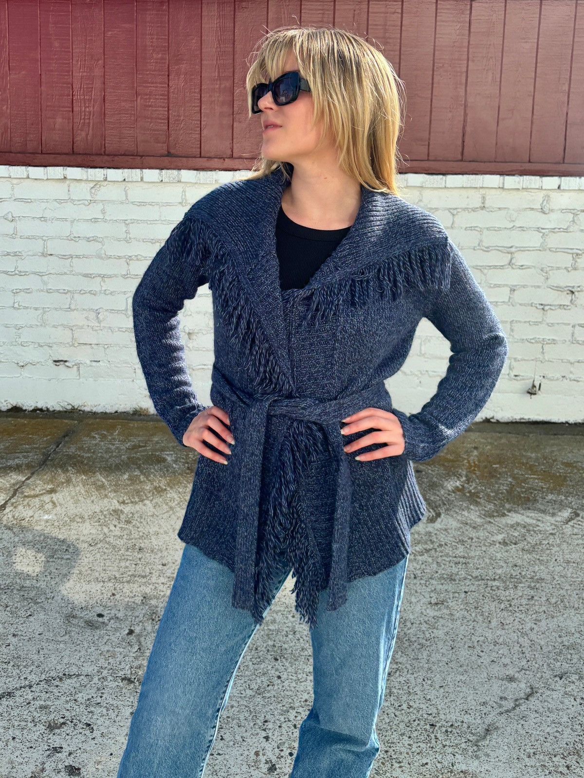 Other Navy Belted Cardigan with Fringe Trim Size M / US 6-8 / IT 42-44 - 2 Thumbnail