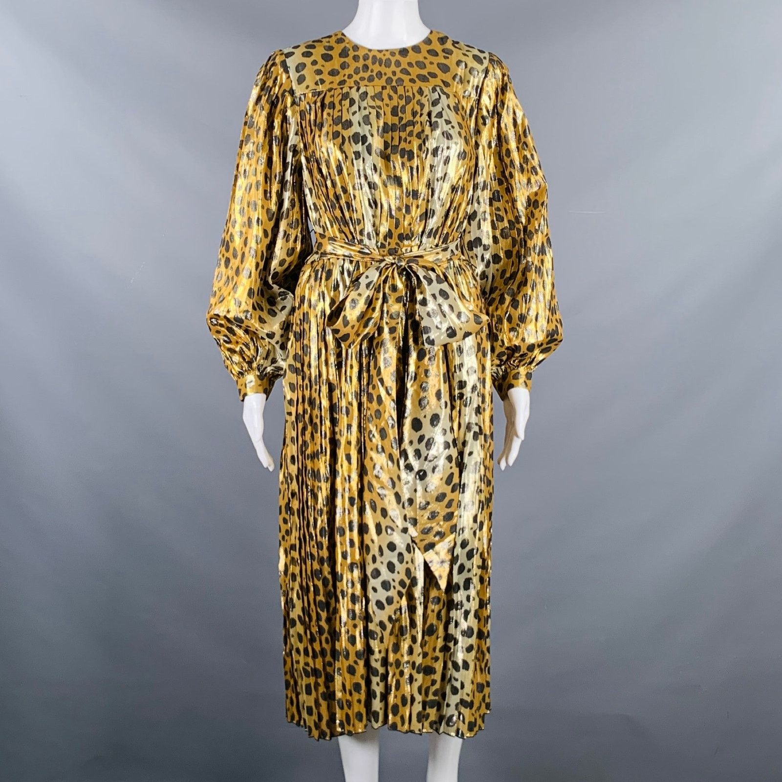 Size 0 Gold Black Silk Metallic Animal Print Pleated Dress