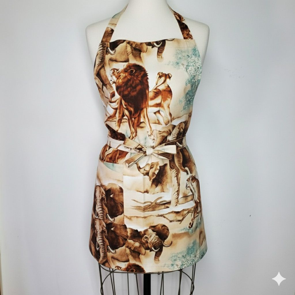 Handmade Apron Size S/M NEW Animal Print Elephant Lion Long Ties Hand Size ONE SIZE - 1 Thumbnail
