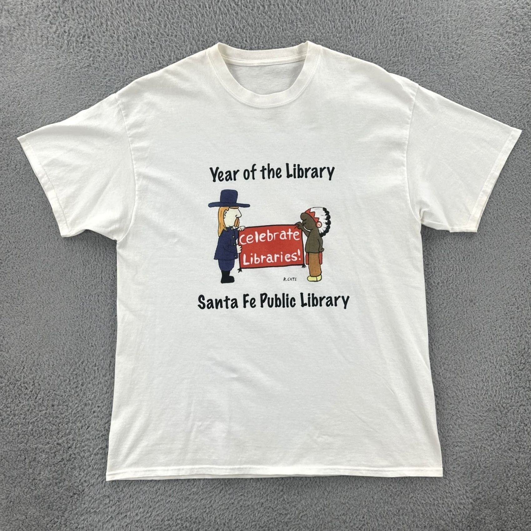 Vintage VINTAGE Mens XL White R. Cate New Mexico Cartoonist Santa Fe NM Public Library Day Tee Size US XL / EU 56 / 4 - 2 Thumbnail