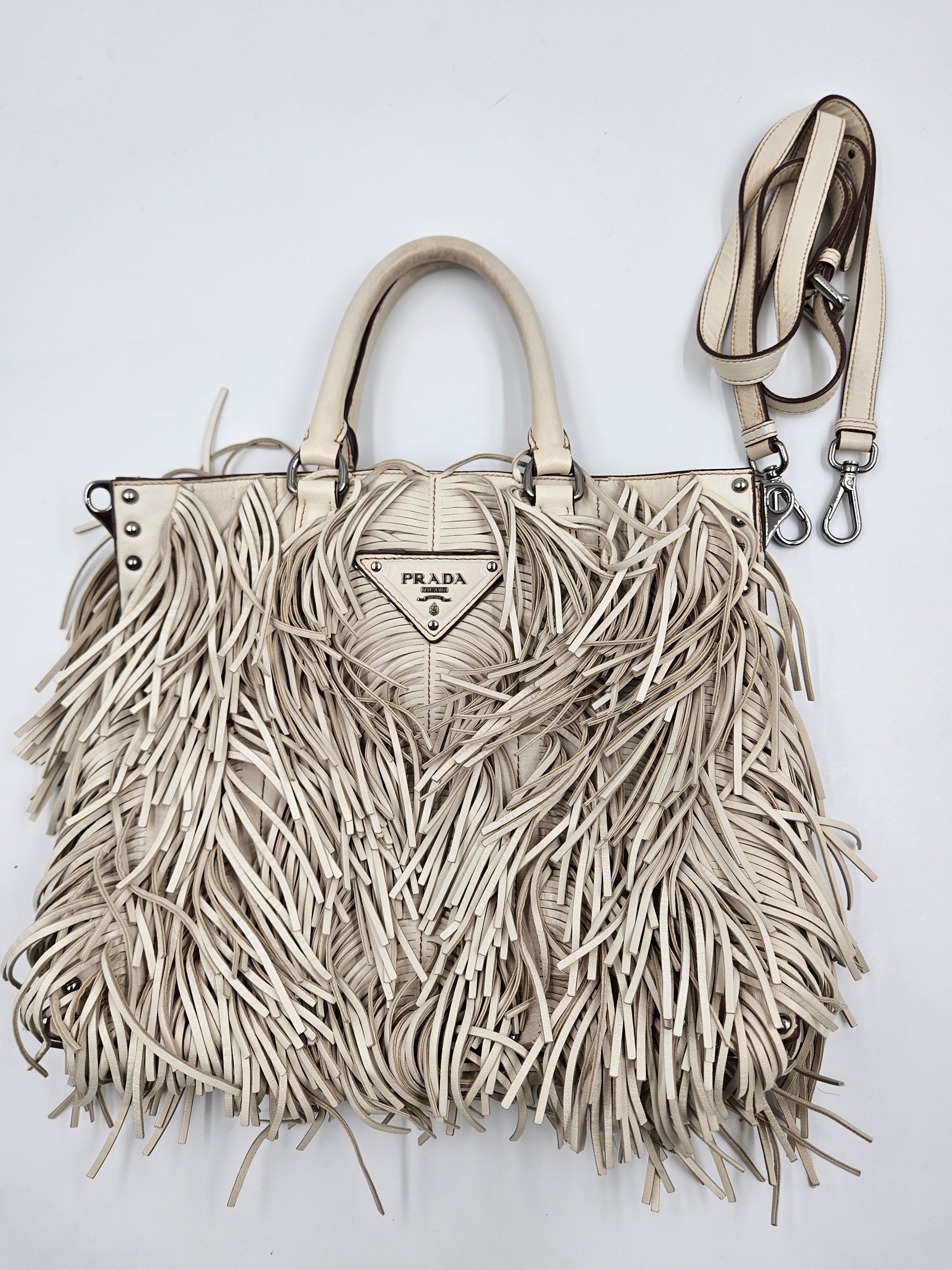 Prada Beige Nappa Fringe Tote Bag Size ONE SIZE - 2 Thumbnail