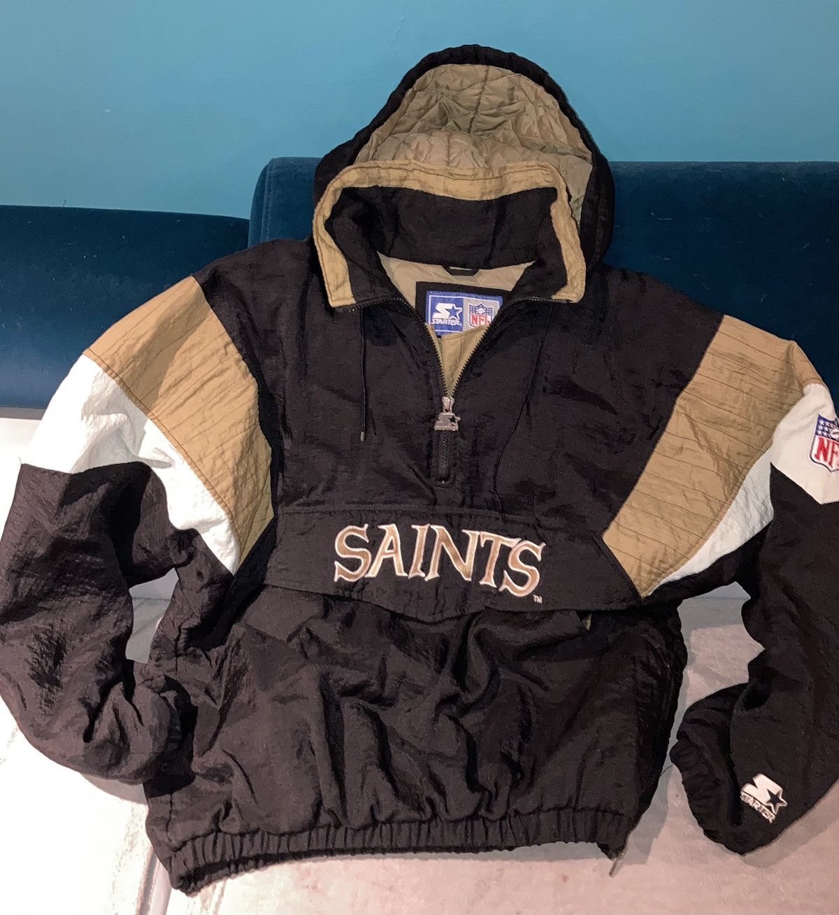 image of Archival Clothing x Starter New Orleans Saints Starter Vintage Hoody Bomber Jacket in Black (Size L