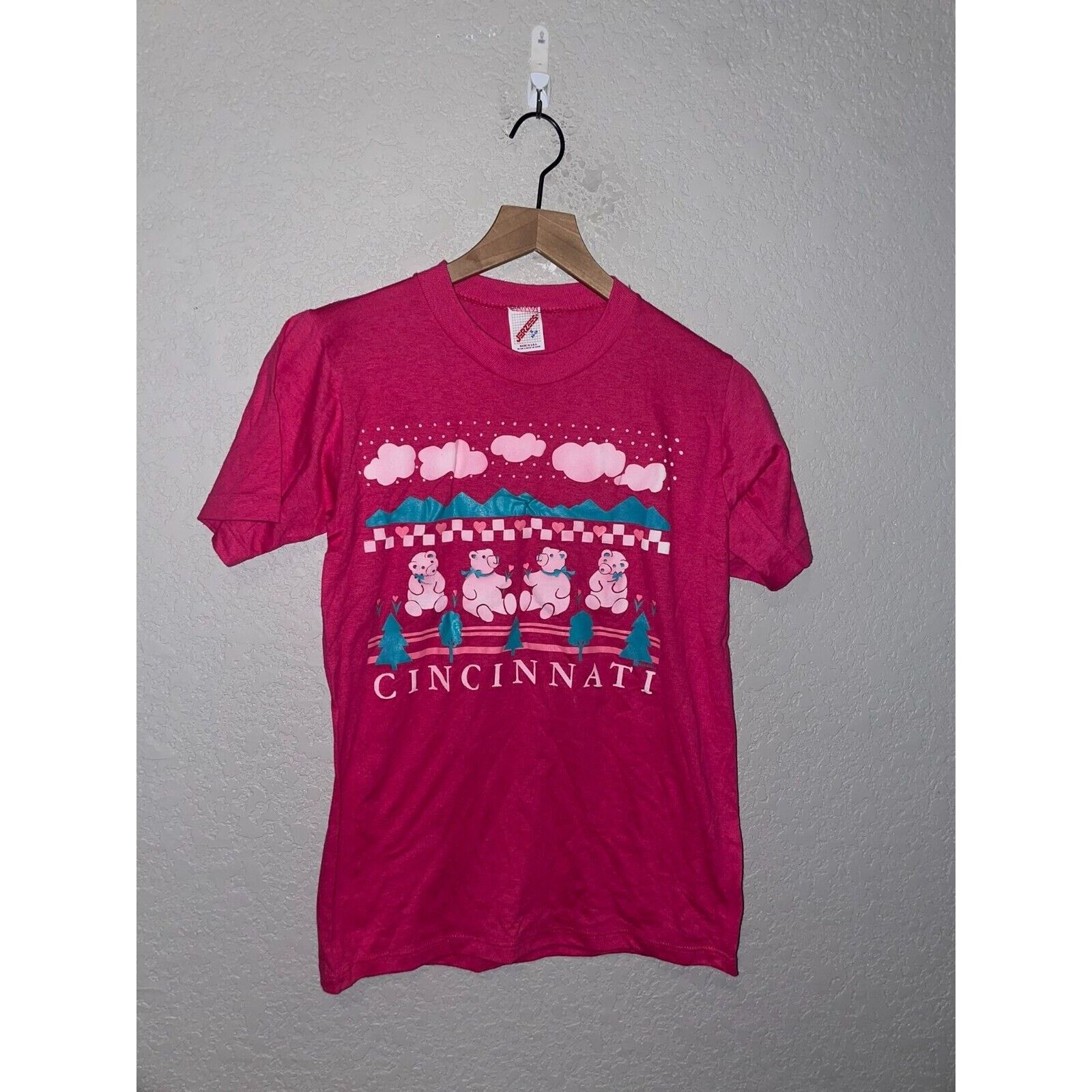 Jerzees Vintage Cincinnati Pink Shirt Teddy Bear Tee 1988 80s VTG S Size US S / EU 44-46 / 1 - 1 Thumbnail