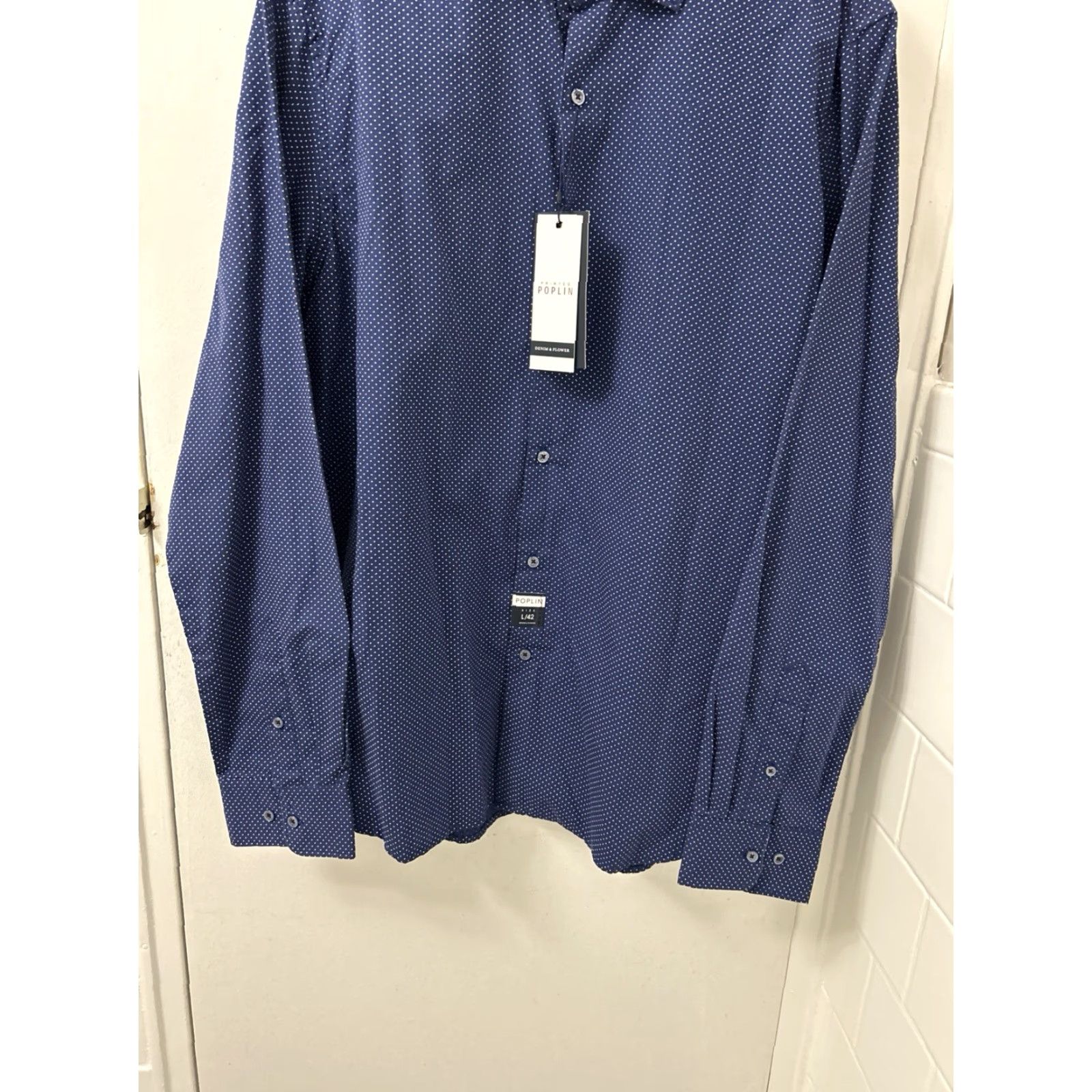 Denime DENIM & FLOWER Shirt Mens L Blue Polka Dot Poplin Button Down L/S Dress Shirt Slim Casual Professional Size US L / EU 52-54 / 3 - 3 Thumbnail
